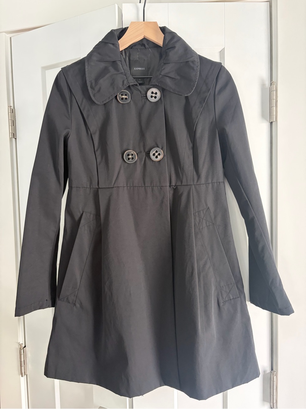 Vintage Express Black Double-Breasted A-Line Trench Coat
